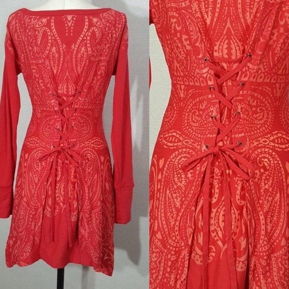 Athleta Lace Up Back Corset Dress XS Red Jacquard Burnout Long Sleeve Stretch - Picture 5 of 14